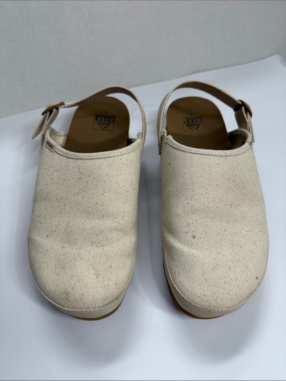 Reef Canvas Slip On Clogs Platform with Back Strap Cream Tan size 9 - Picture 2 of 8